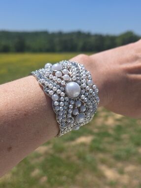 Elegant Silver Pearl Cluster Cuff Bracelet - Women Jewelry